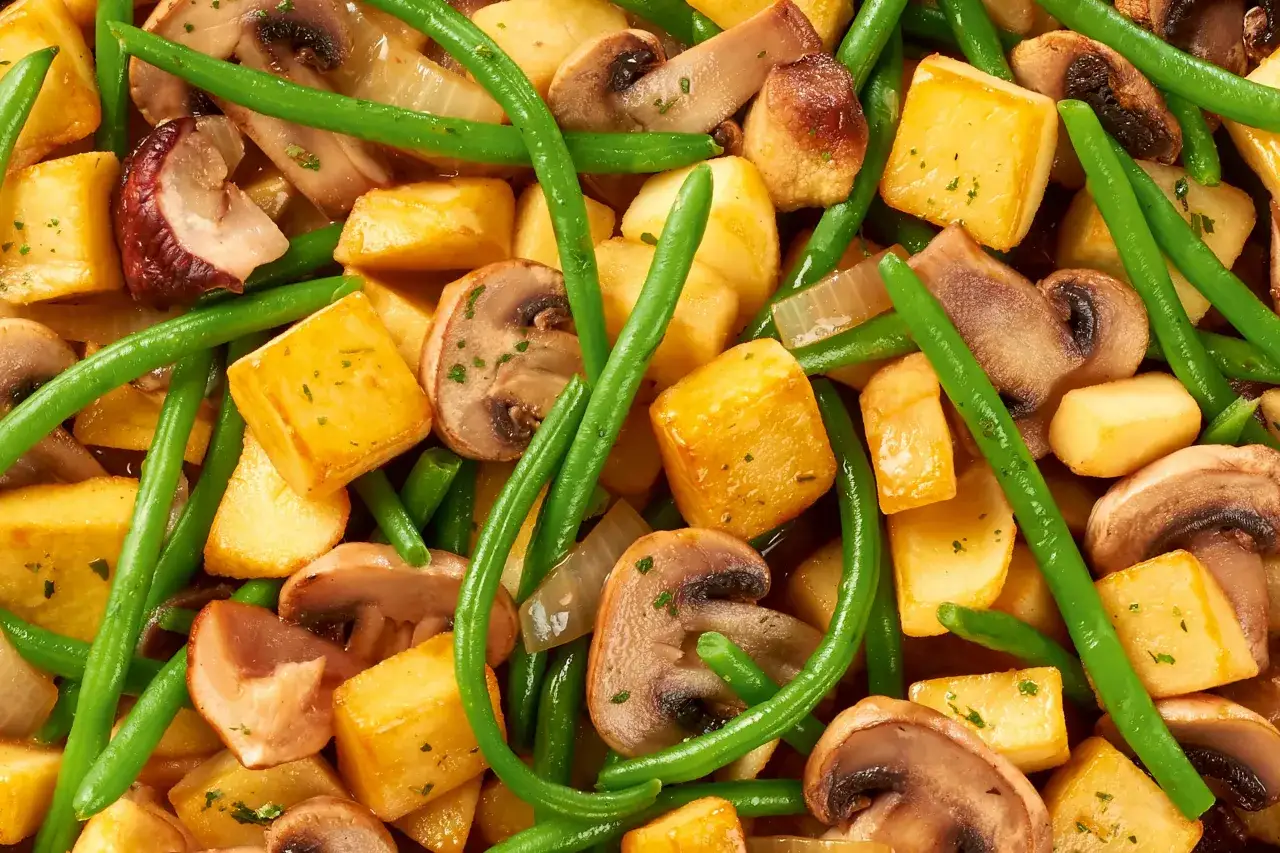 Un plat savoureux de haricots verts, champignons et pommes de terre dor&eacute;es, parfait pour une recette c&egrave;pes pomme de terre.