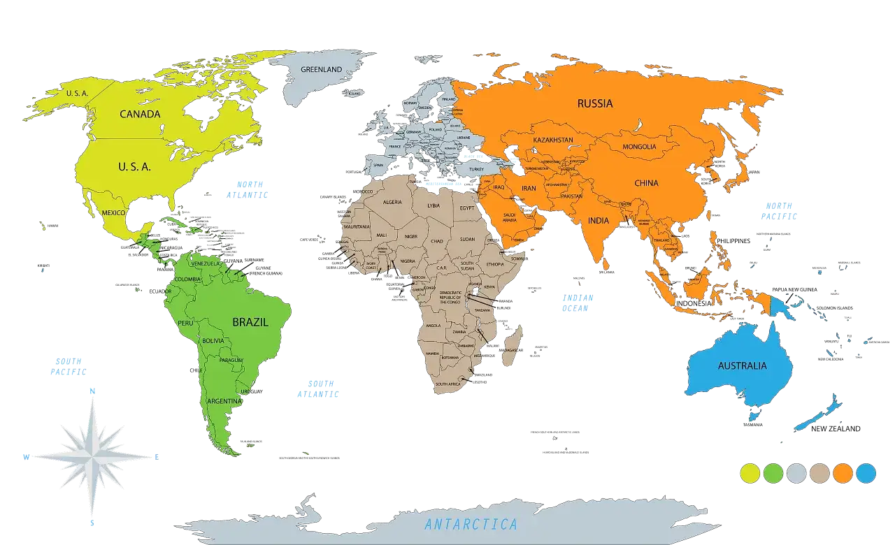 Mapa świata z zaznaczonymi krajami poza Europą, w tym Ameryką Północną, Południową, Afryką, Azją i Australią.