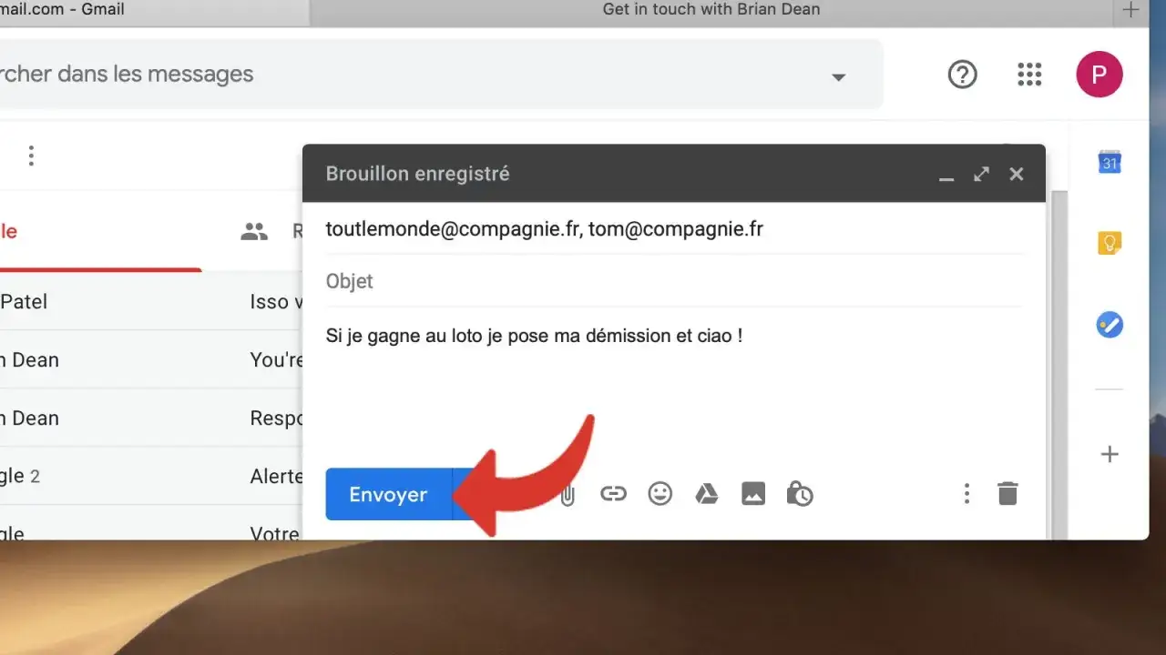 Un brouillon d'email Gmail avec le sujet