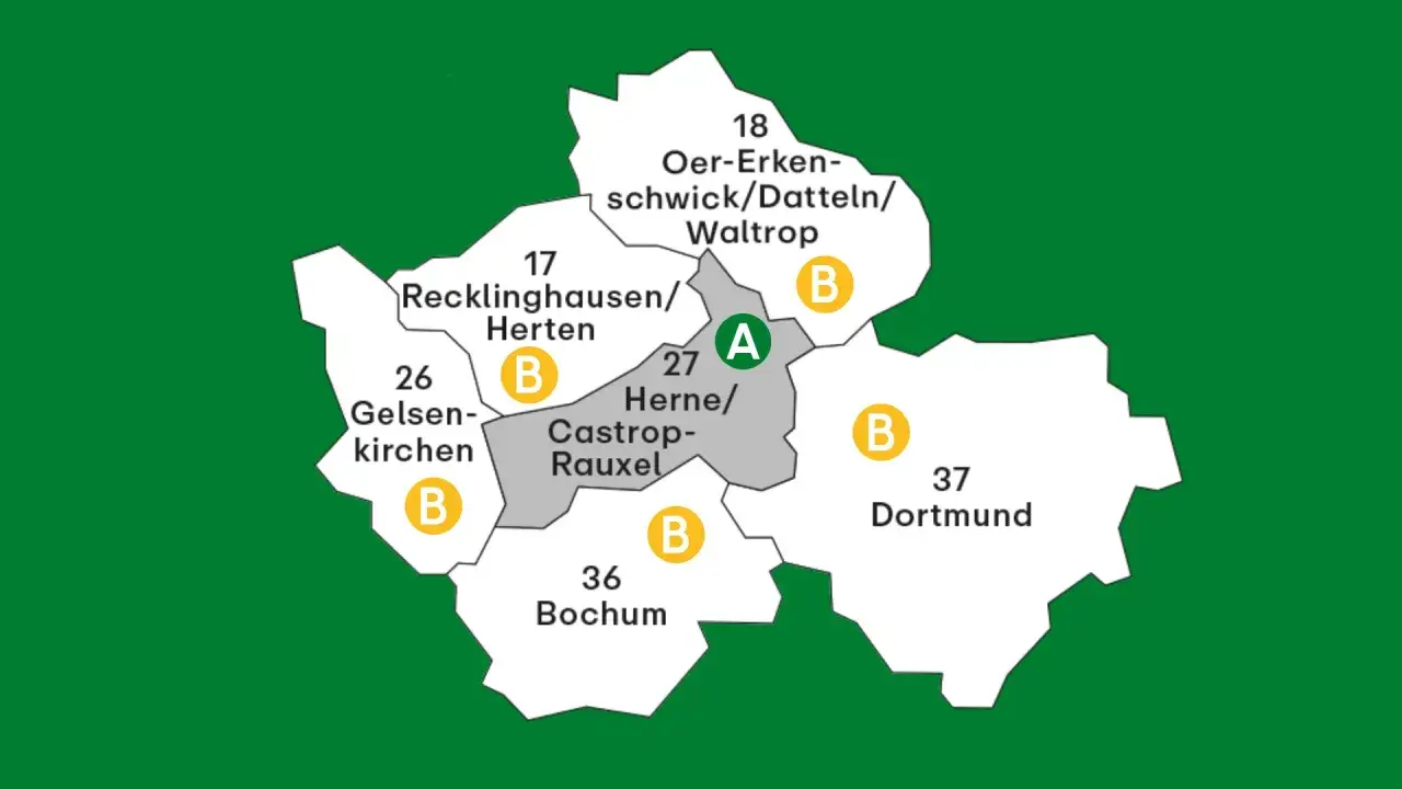Karte des VRR-Gebiets mit St&auml;dten wie Dortmund, Bochum, Gelsenkirchen und Herne.
