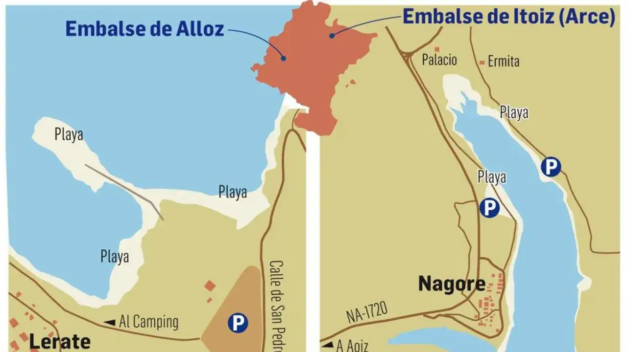 Mapa del pantano de Alloz y Itoiz. Muestra playas, camping, Nagore, y cómo llegar.