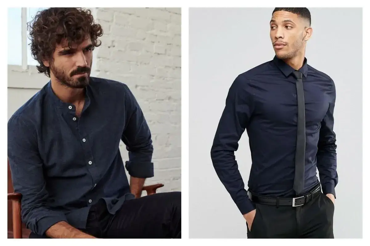 Deux hommes portent une chemise bleu avec un pantalon noir. L'un a une chemise à col mao, l'autre une chemise habillée avec une cravate.