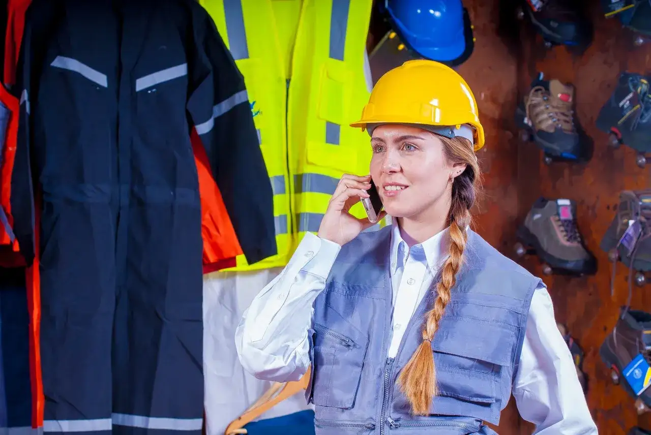 Kobieta w żółtym kasku rozmawia przez telefon, gotowa do pracy w temperaturze poniżej 10 stopni. W tle wisi odzież robocza.