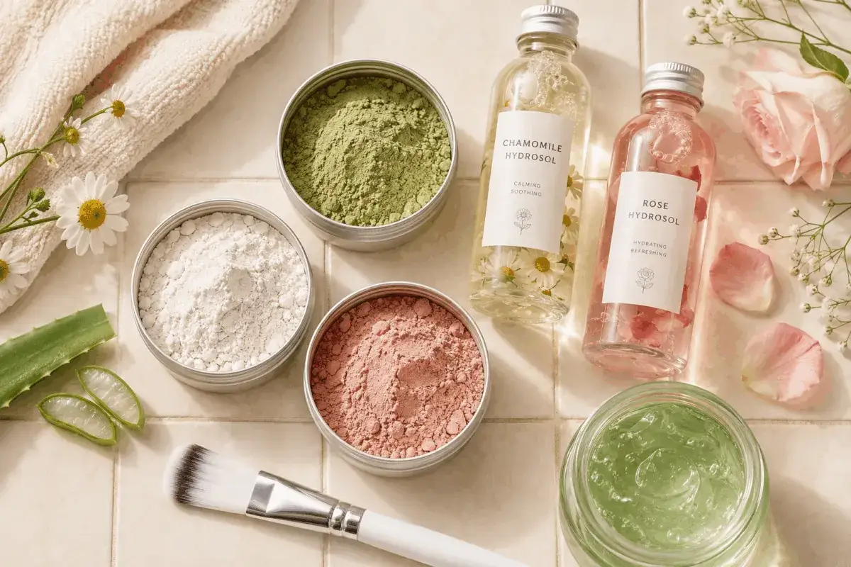 Ingredienti naturali per maschere viso: argilla bianca, verde e rosa, idrolati di camomilla e rosa, aloe vera. A cosa serve l'argilla? Purifica e rigenera la pelle.