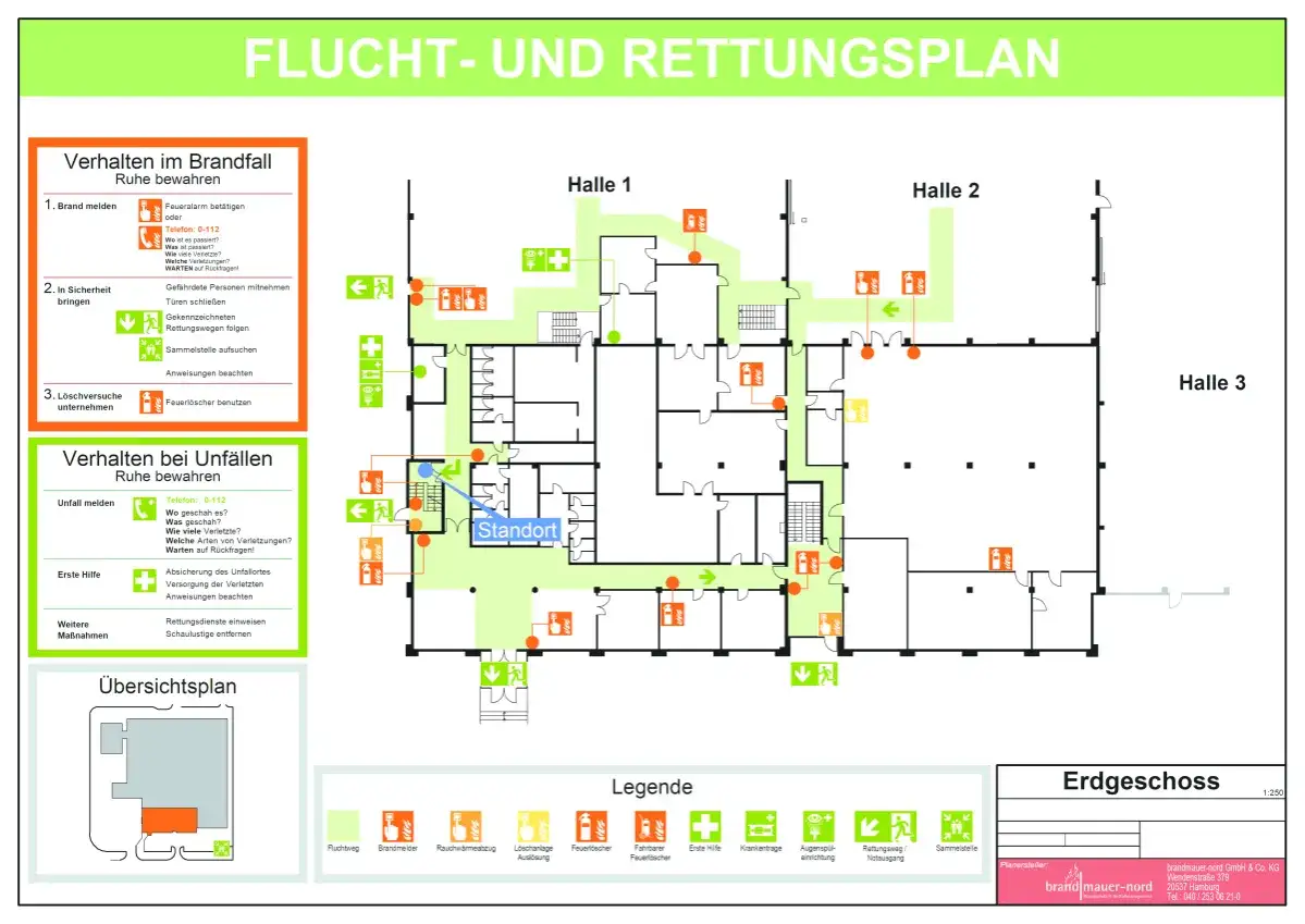 Flucht- und Rettungsplan mit Legende und Verhaltensregeln. Ein detailliertes brandschutz konzept f&uuml;r das Erdgeschoss.