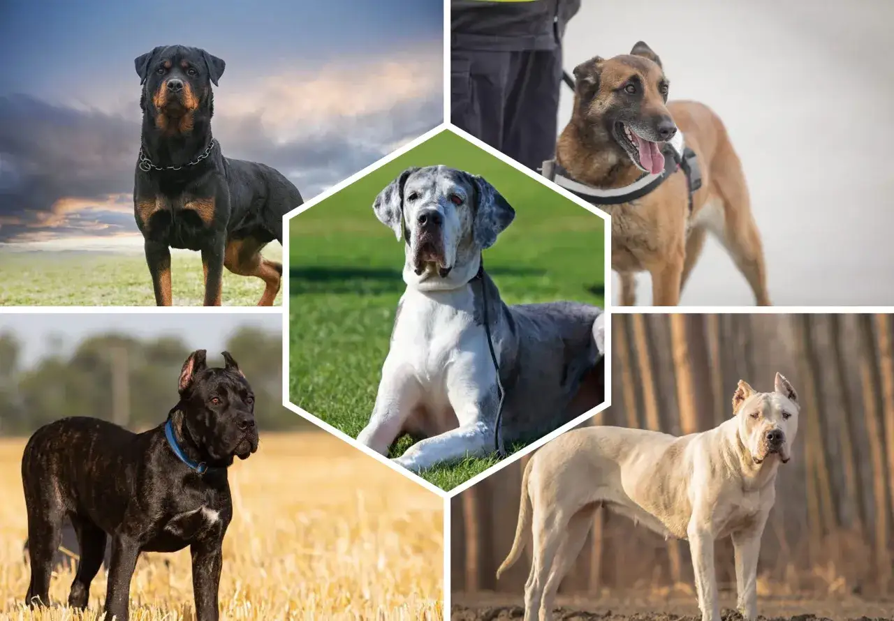 Rottweiler, Malinois, Dogue Allemand, Cane Corso et Dogo Argentino : un collage de races de chien de garde imposantes.