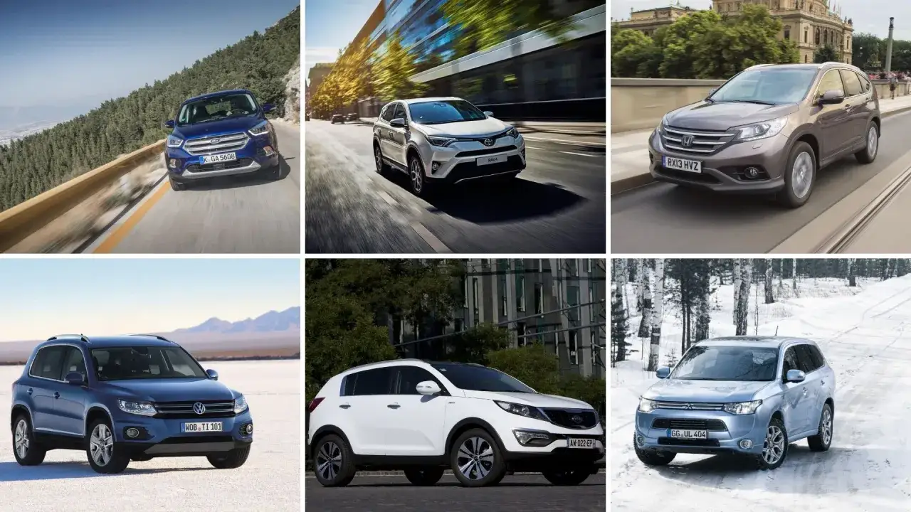 Kompilacja SUV-ów do 60 tys. zł: Ford Kuga, Toyota RAV4, Honda CR-V, VW Tiguan, Kia Sportage i Mitsubishi Outlander.