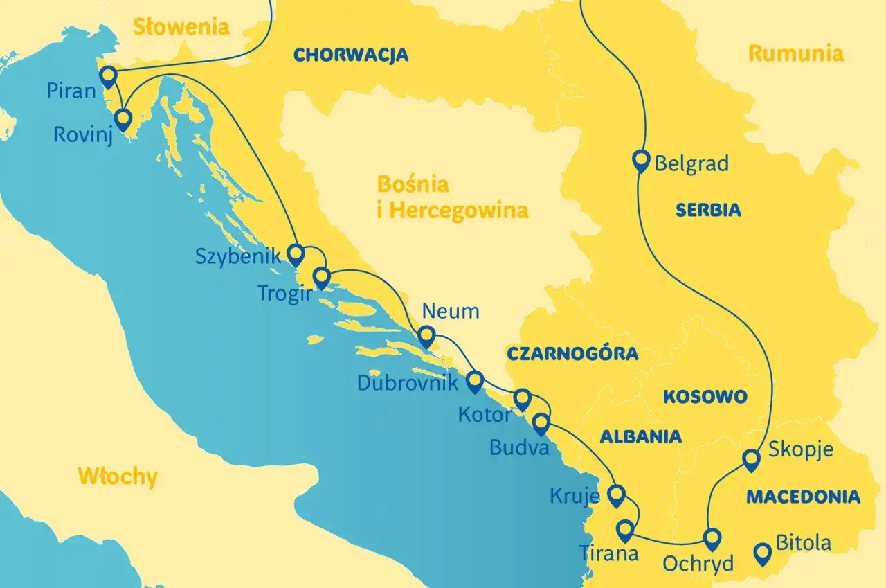 Mapa pokazuje trasę podr&oacute;ży przez Bałkany, od Słowenii, przez Chorwację, Bośnię i Hercegowinę, Czarnog&oacute;rę, aż do Albanii, Macedonii i Serbii.
