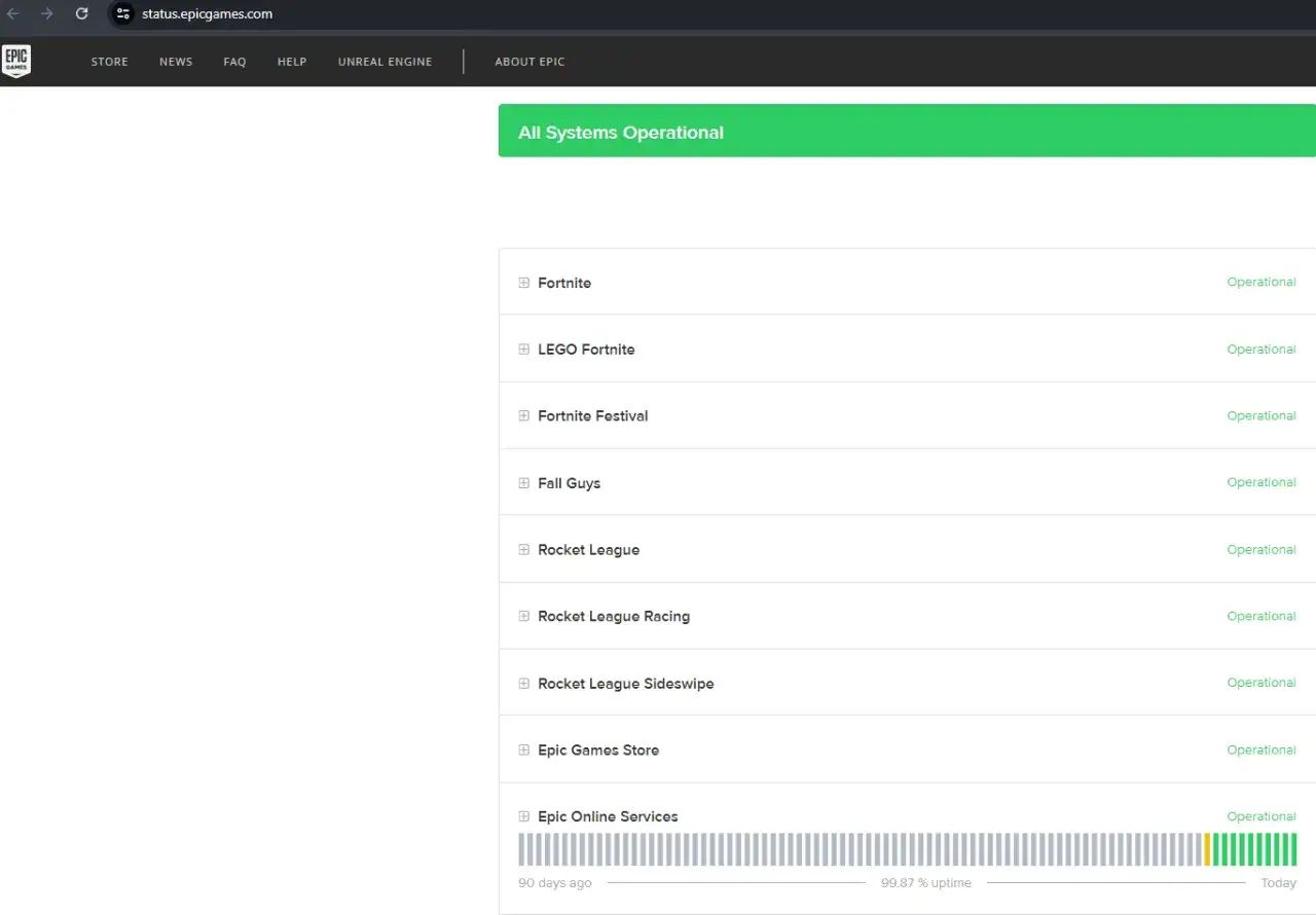 Statusseite zeigt alle Systeme, einschließlich Fortnite, als betriebsbereit an. Kein Fortnite Server offline.