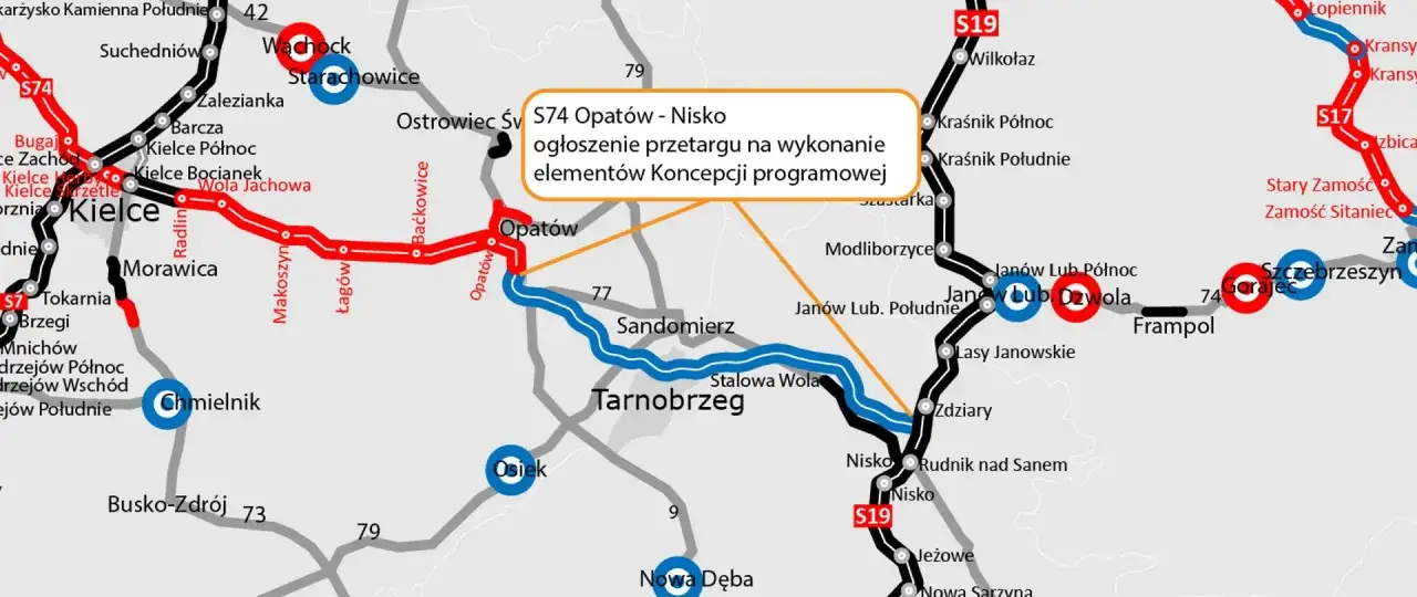 Mapa drogowa z zaznaczonym odcinkiem S74 Opatów - Nisko, gdzie trwa przetarg na koncepcję programową.