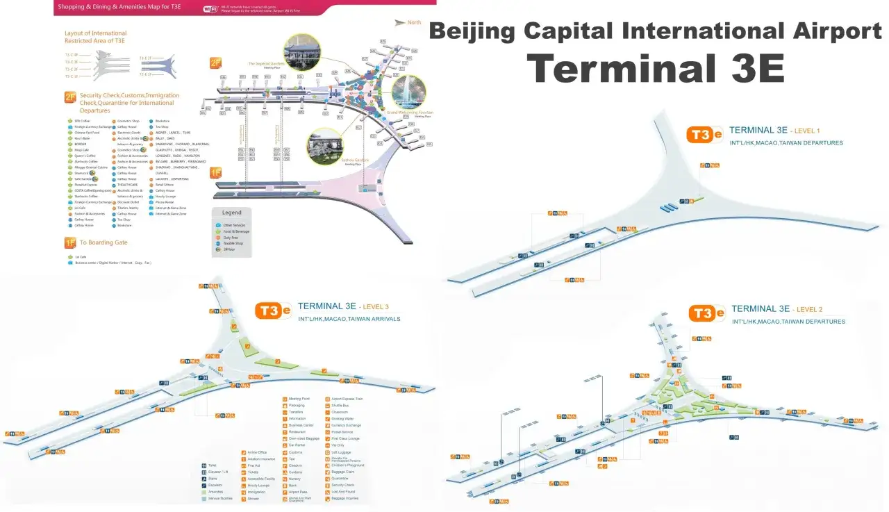 Mapa lotniska Terminal 3E w Pekinie, z zaznaczonymi sklepami, restauracjami i usługami. Idealne dla planujących loty do Chin.