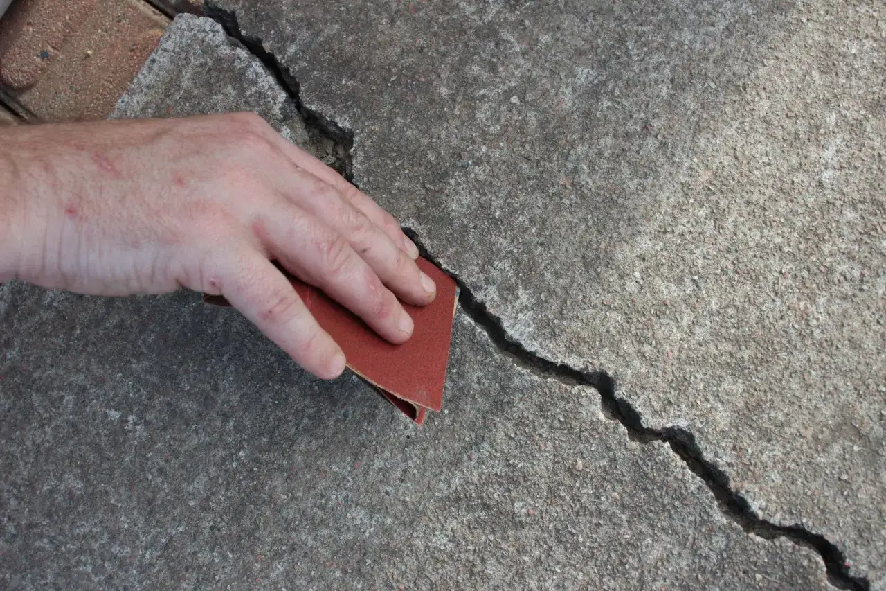Hand schleift mit Schleifpapier eine Betonritze, um sie für das Abdichten vorzubereiten.