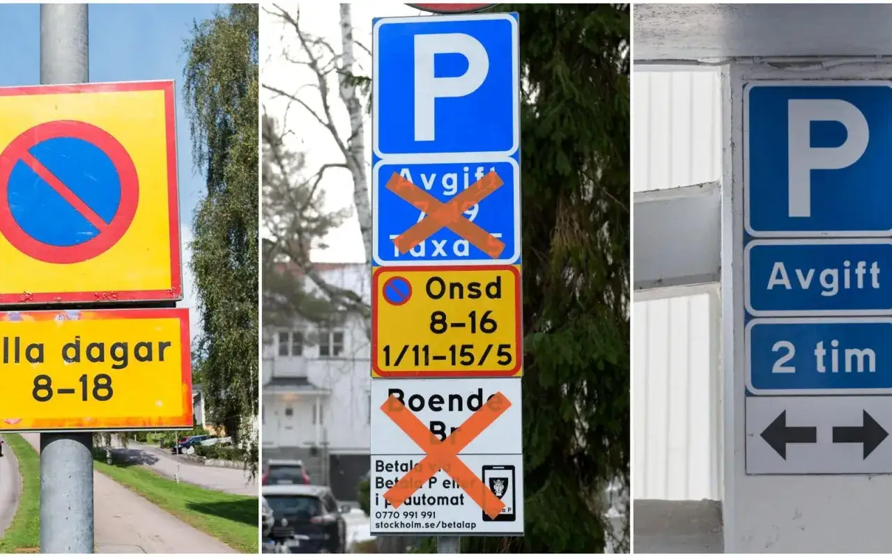 Olika parkeringsskyltar visar regler f&ouml;r parkering. F&ouml;rst&aring; parkeringsskyltar betydelse f&ouml;r att undvika b&ouml;ter.