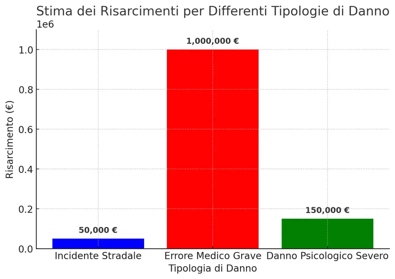 Grafico a barre: risarcimenti per incidente stradale (50.000€), errore medico grave (1.000.000€) e danno psicologico severo (150.000€). Utile per tabelle risarcimento malasanità morte.
