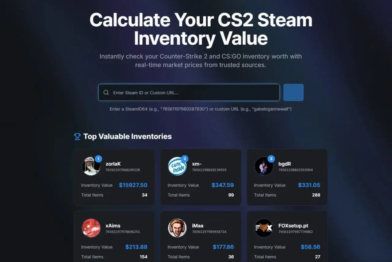 Chcesz wiedzieć, jak sprawdzić wartość konta Steam? Wpisz swój identyfikator lub adres URL, aby poznać wartość swojego ekwipunku CS2.