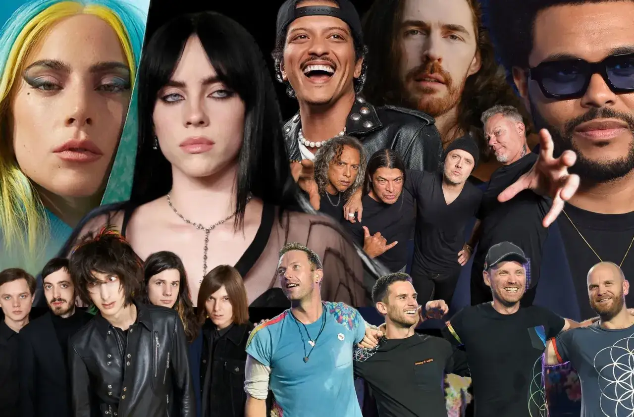 Lady Gaga, Billie Eilish, Bruno Mars, The Weeknd i członkowie Metalliki – to tylko część najpopularniejszych piosenkarzy zagranicznych, których wizerunki tworzą kolaż.