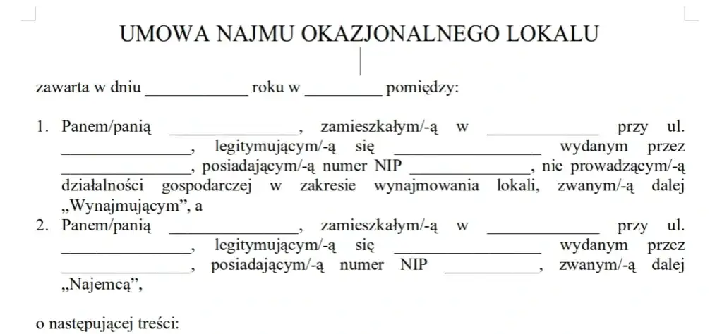 Najem okazjonalny dokumenty