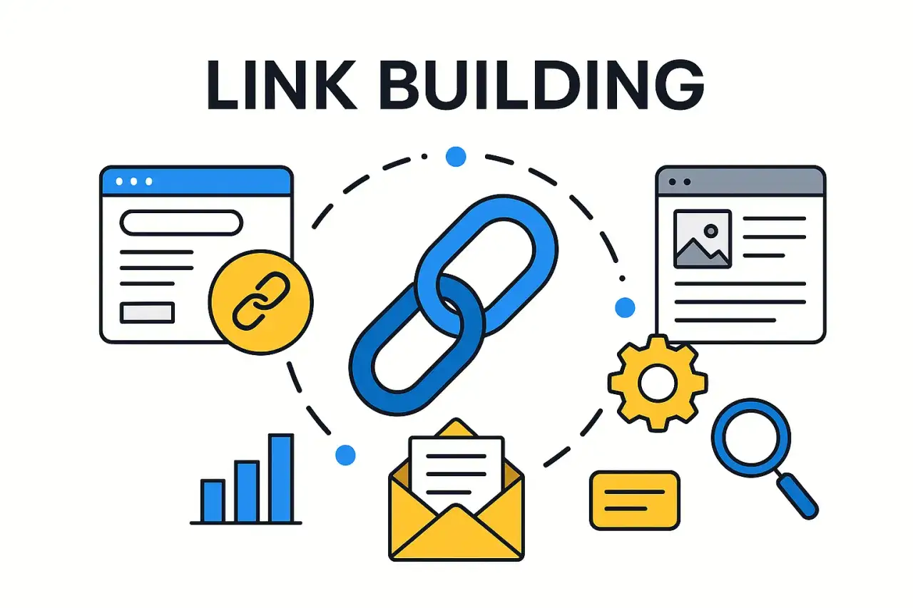 Grafika przedstawia koncepcję link buildingu. Centralnie umieszczony jest symbol łańcucha, otoczony ikonami symbolizującymi strony internetowe, wykresy, kopertę, koło zębate i lupę. link dofollow.
