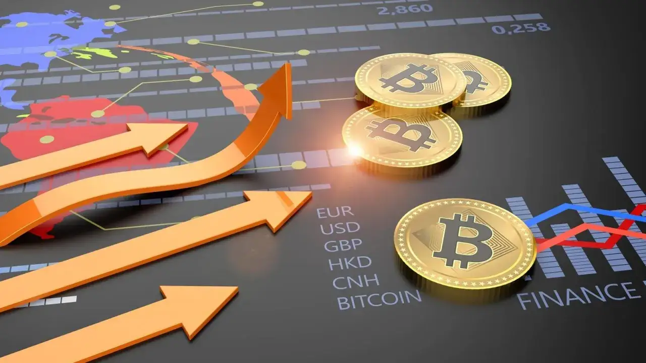 Wzrosty na wykresach finansowych, złote monety z symbolem Bitcoina i strzałki wskazujące na rozwój, sugerujące przyszłość finansów z CBDC.