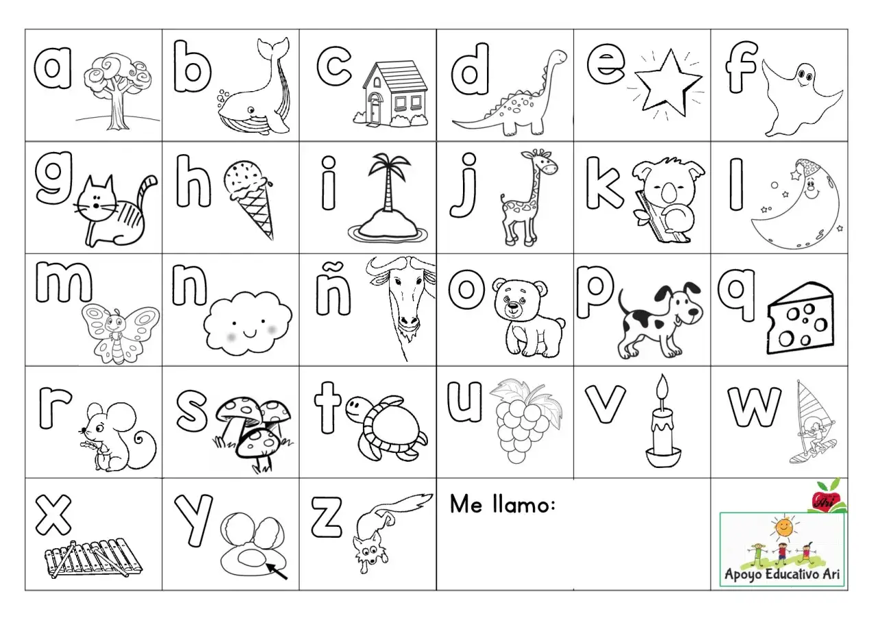 Abecedario para colorear con animales, objetos y letras. ¡Ideal para aprender jugando!