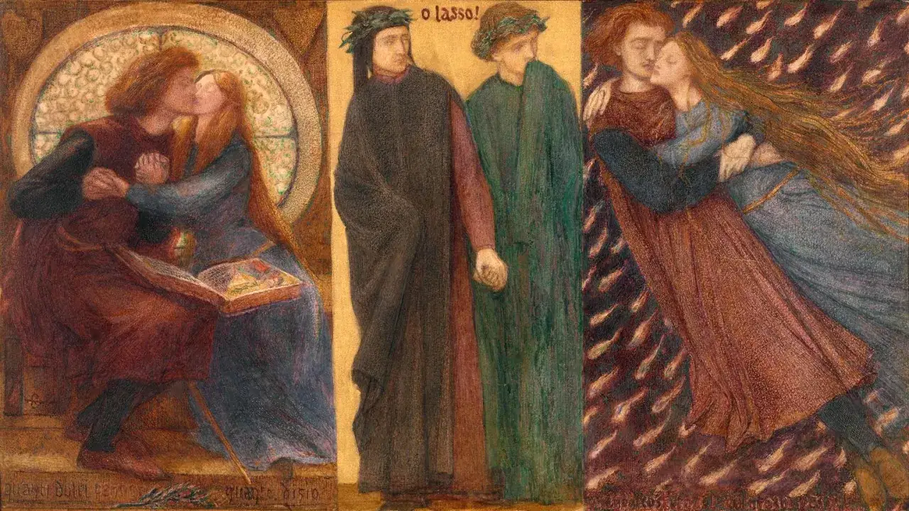 Coppie innamorate e Dante con Virgilio, un'illustrazione che evoca il significato di 