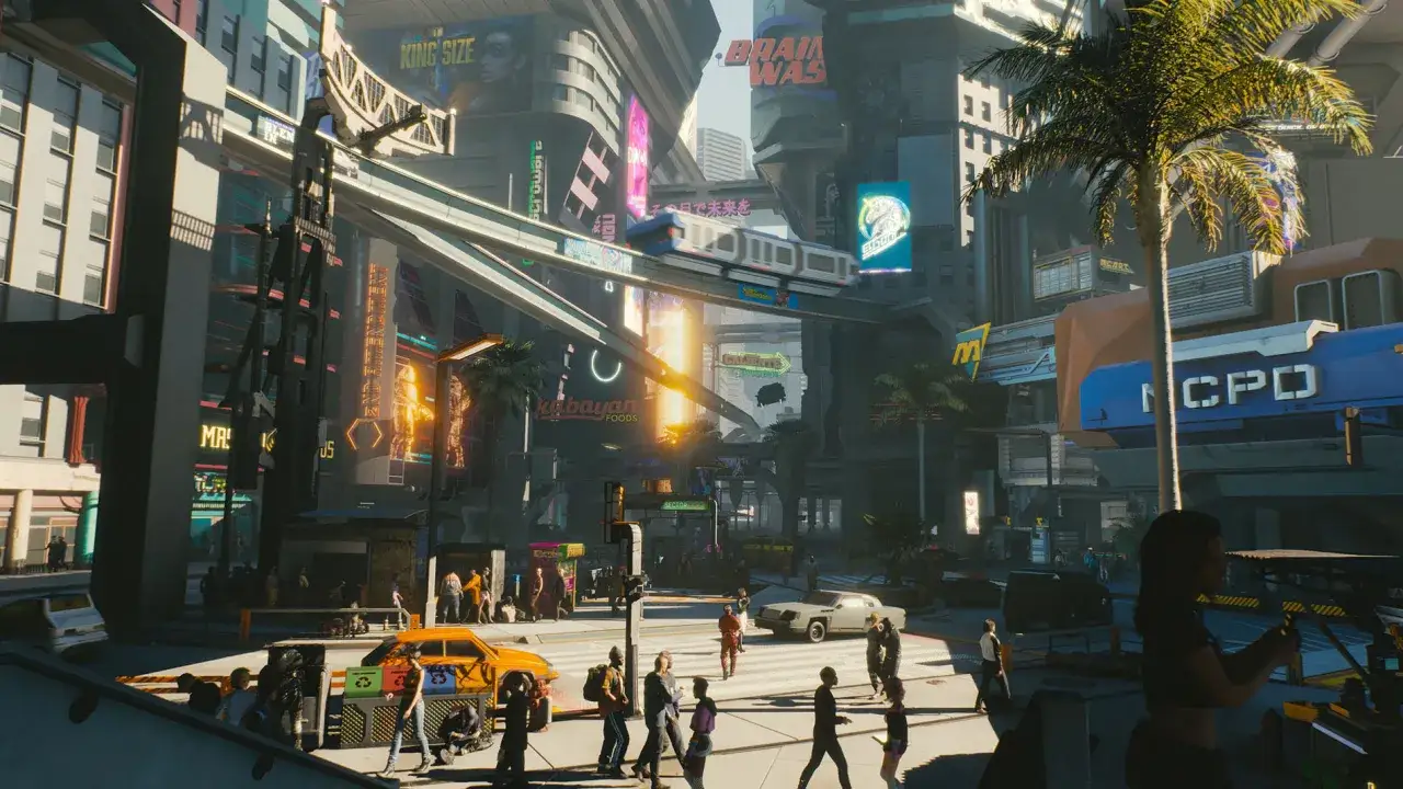 Un vistazo a Night City, un escenario vibrante para tu cyberpunk 2077 guia. Coches, neones y un tren elevado.