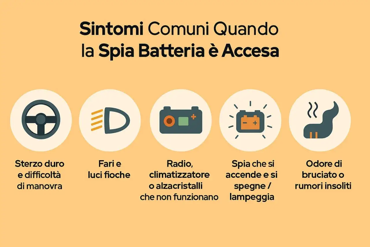 Sterzo duro, fari fioci, radio non funzionante, spia che lampeggia o odore di bruciato: segnali di spia batteria scarica.