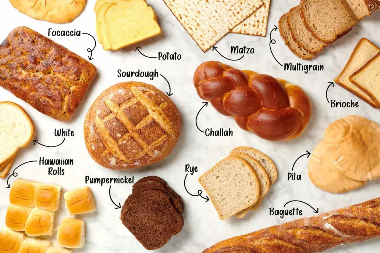 Różne rodzaje pieczywa: focaccia, chleb biały, bułeczki hawajskie, pumpernikiel, chleb na zakwasie, challah, pieczywo wieloziarniste, brioche, pita, bagietka. Jakim chlebem jesteś?