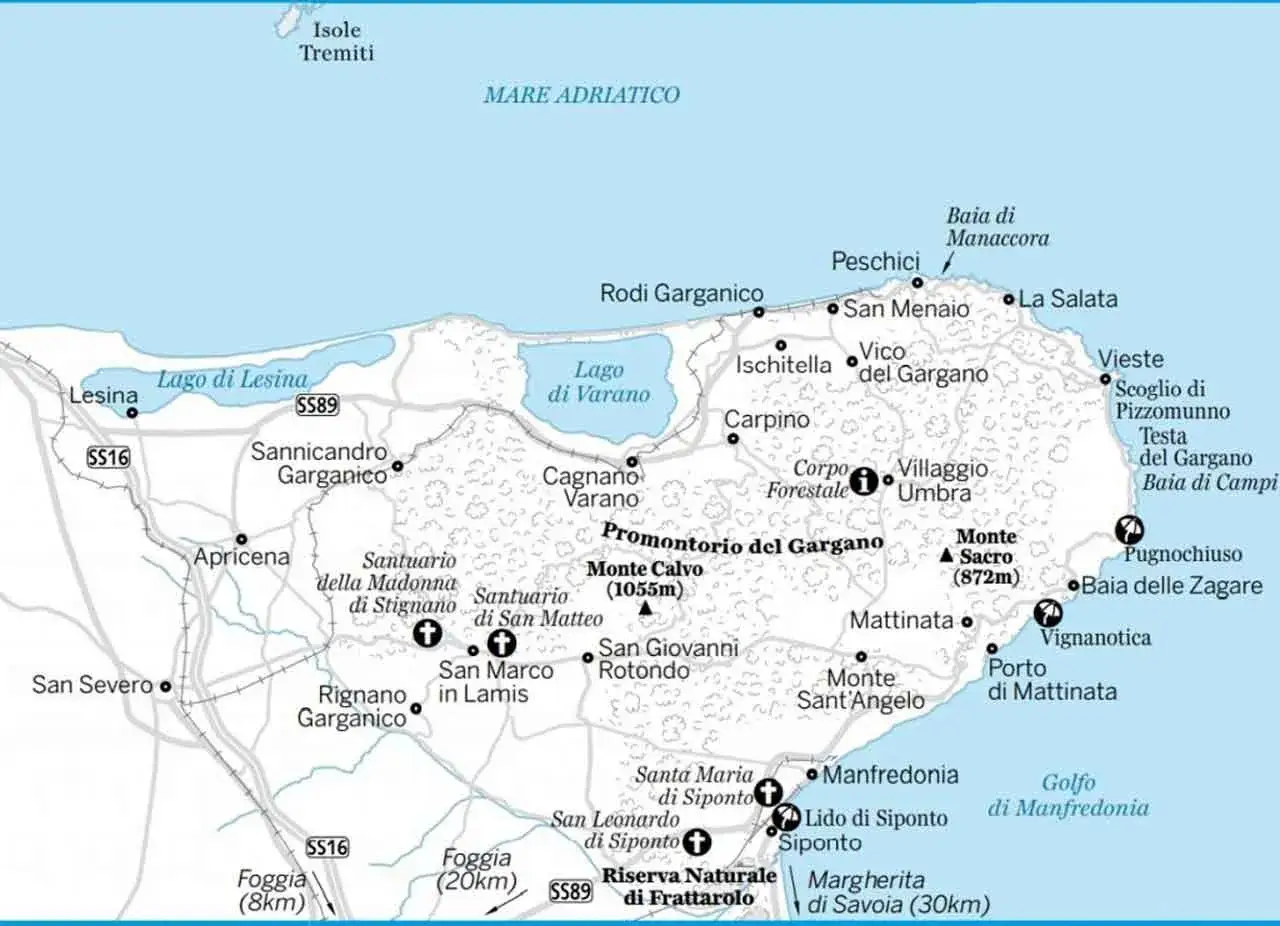 Mappa del Gargano, una terra **puglia da scoprire**, con laghi, mare, santuari e borghi come Vieste, Peschici e Monte Sant'Angelo.