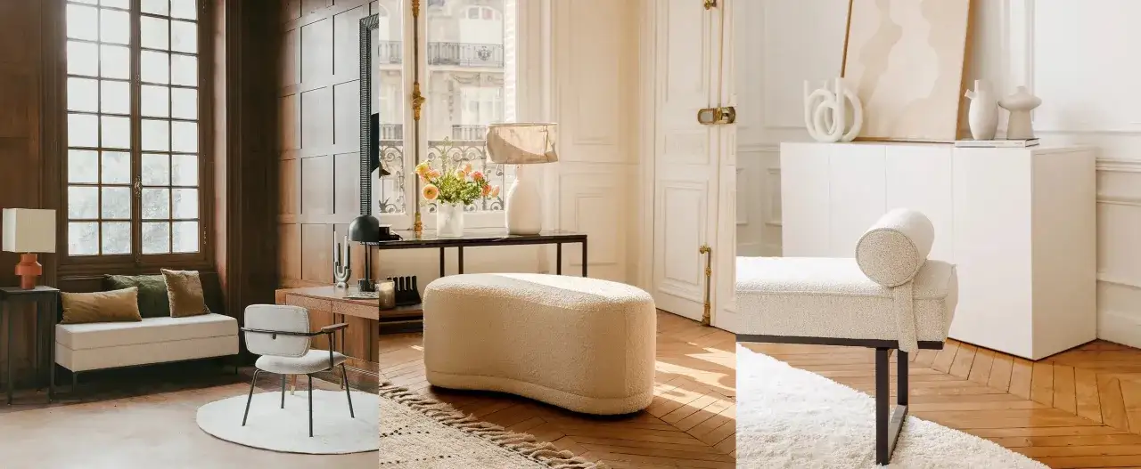 Ambiance cosy dans un salon sans canapé, avec banquette, pouf bouclette et fauteuil design.