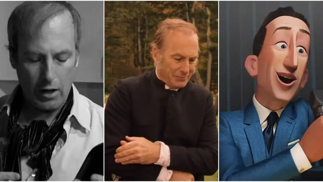 Bob Odenkirk w filmach, serialach i programach: czarno-białe ujęcie, ksiądz w plenerze i animowana postać w garniturze.