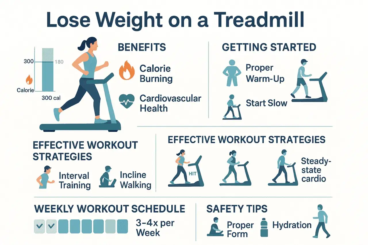 Infografik zeigt, wie man mit dem Laufband abnehmen kann. Tipps für Training, Vorteile und Sicherheit.