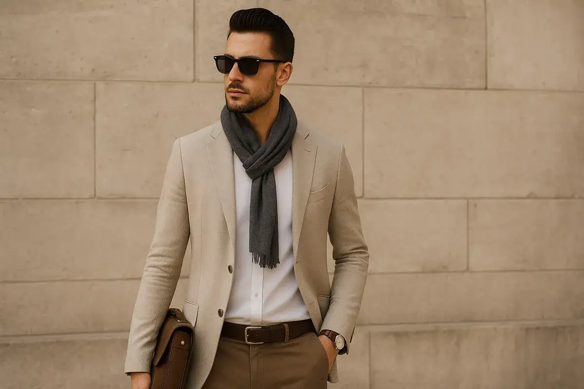 Uomo con stile francese, giacca beige, sciarpa grigia, occhiali da sole e borsa in pelle.