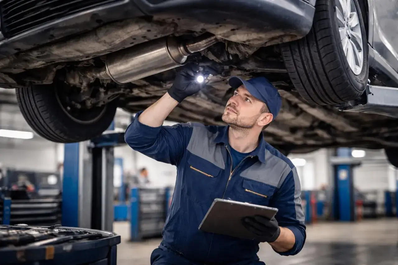 Mechanik sprawdza podwozie auta, szukając luz&oacute;w na kierownicy i innych usterek.
