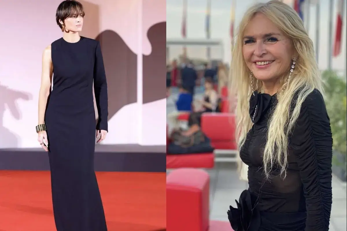 Dwie polskie aktorki w czarnych kreacjach. Jedna w eleganckiej sukni na czerwonym dywanie, druga w stylizacji z bufiastymi rękawami i ozdobnym kwiatem.