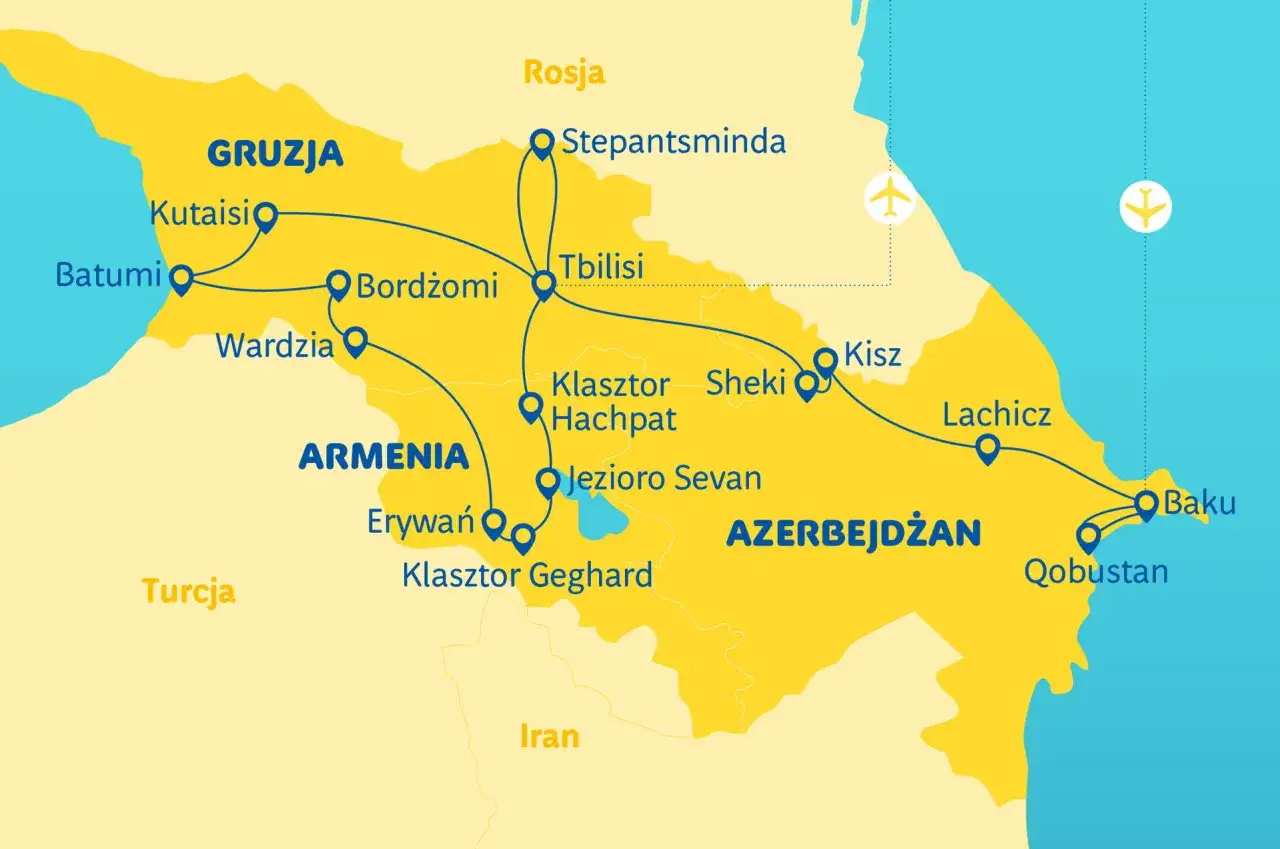 Mapa turystyczna państw na Kaukazie: Gruzja, Armenia, Azerbejdżan. Zaznaczone miasta: Batumi, Kutaisi, Tbilisi, Erywań, Baku.