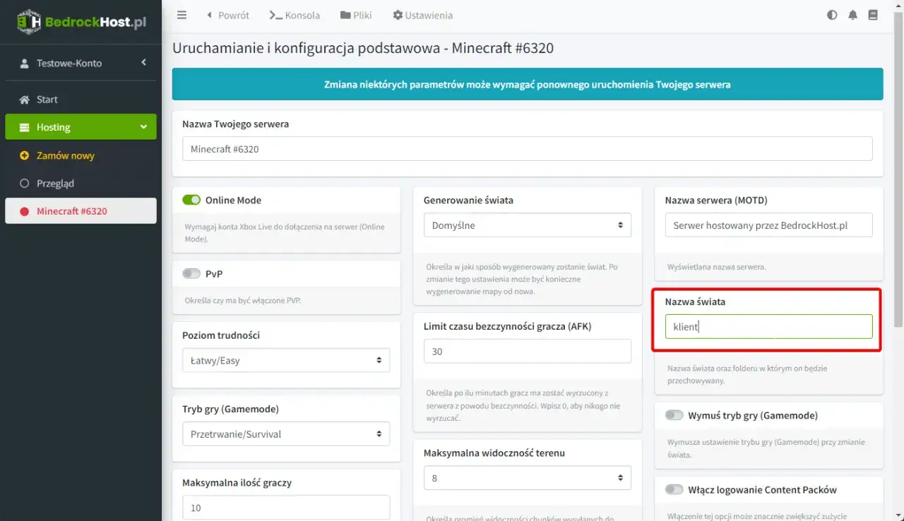 Konfiguracja serwera Minecraft #6320. Wpisuję