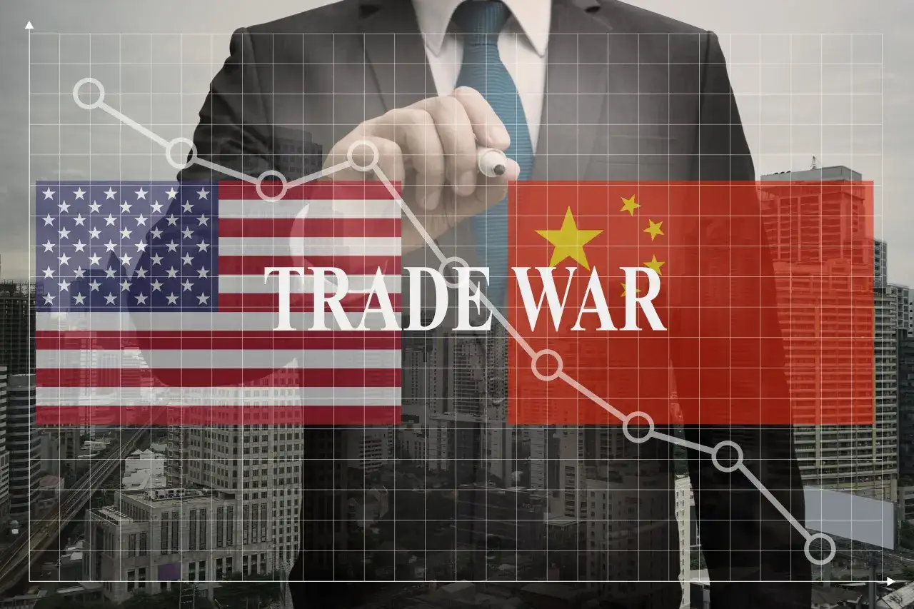 Wojna handlowa USA-Chiny, symbolizowana przez flagi i wykres spadkowy, ilustruje skutki protekcjonizmu.
