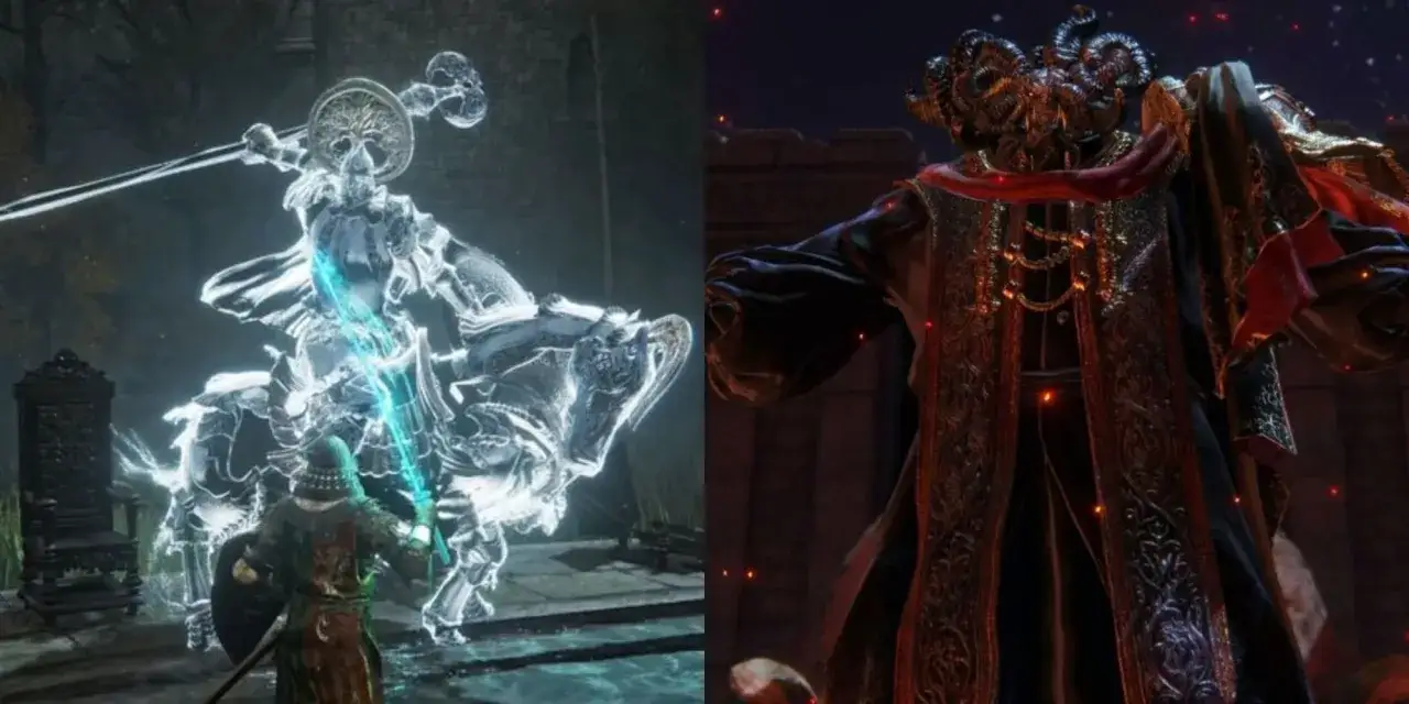 Gracz walczy z dwoma potężnymi przeciwnikami w Elden Ring. Czy Elden Ring jest trudny? Te starcia sugerują, że tak.