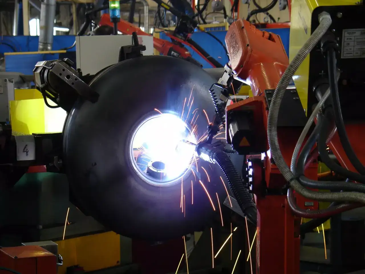 Robot spawa dużą metalową kulę, iskry lecą jak fajerwerki. Proces ten, choć nie związany z metanem, wymaga precyzji i bezpieczeństwa.