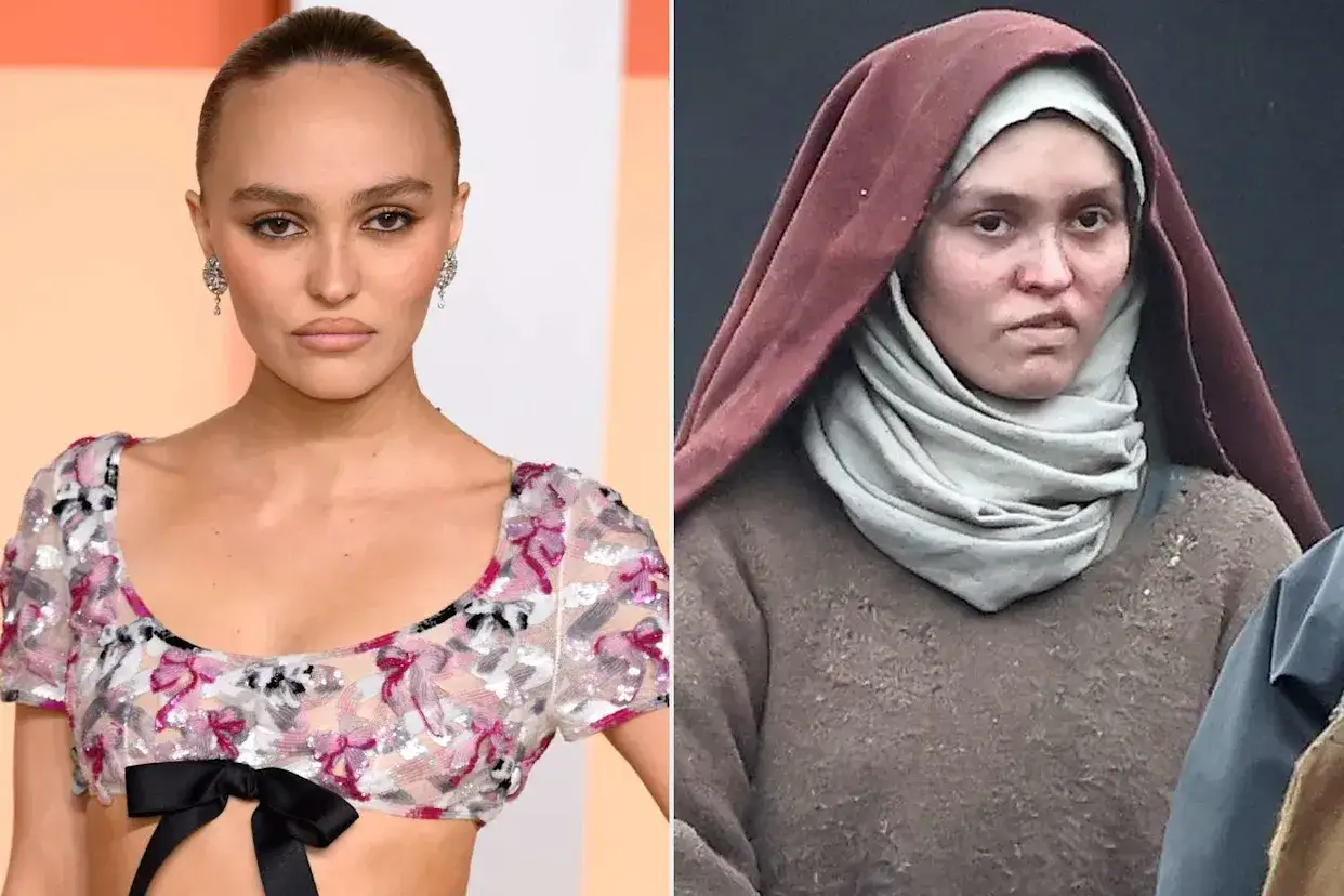 Lily-Rose Depp i två roller: glamorös på röda mattan och i en historisk dräkt, vilket visar hennes mångsidighet i filmer.