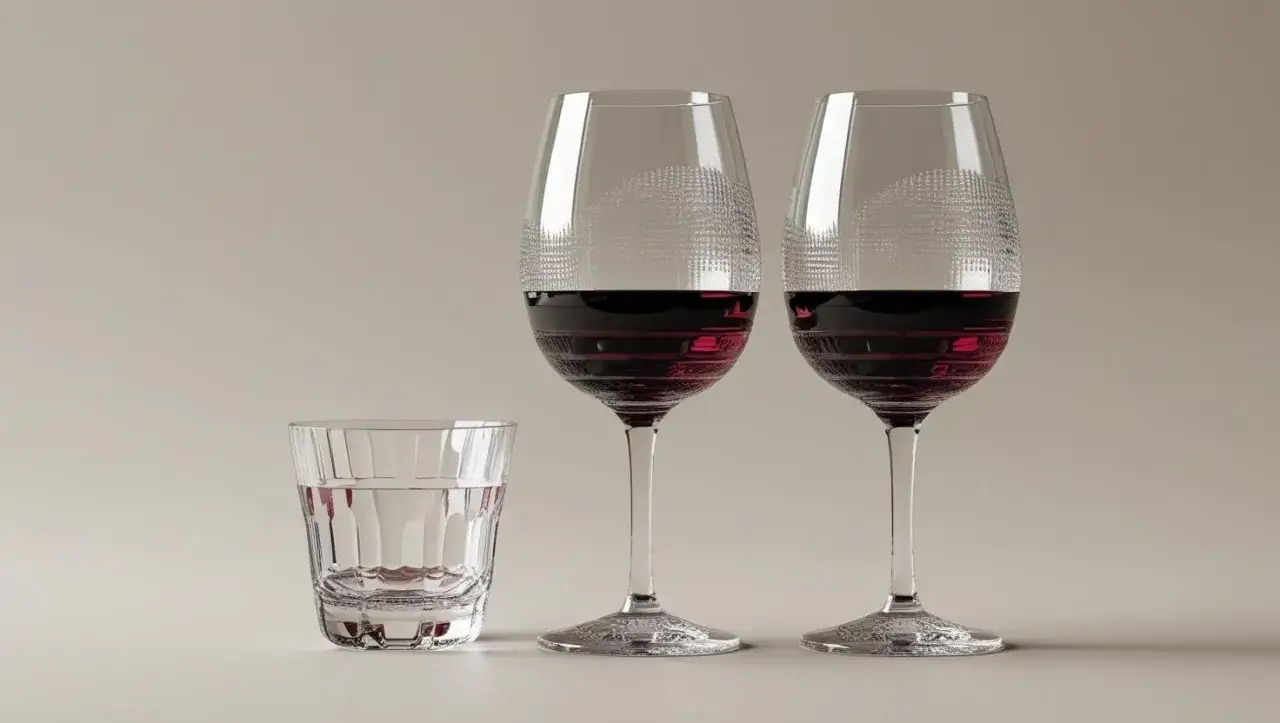 Dwa kieliszki z czerwonym winem i szklanka wody. Eleganckie szkło, idealne na wieczór z przyjaciółmi, nawet jeśli chodzi o alkohol w Turcji.