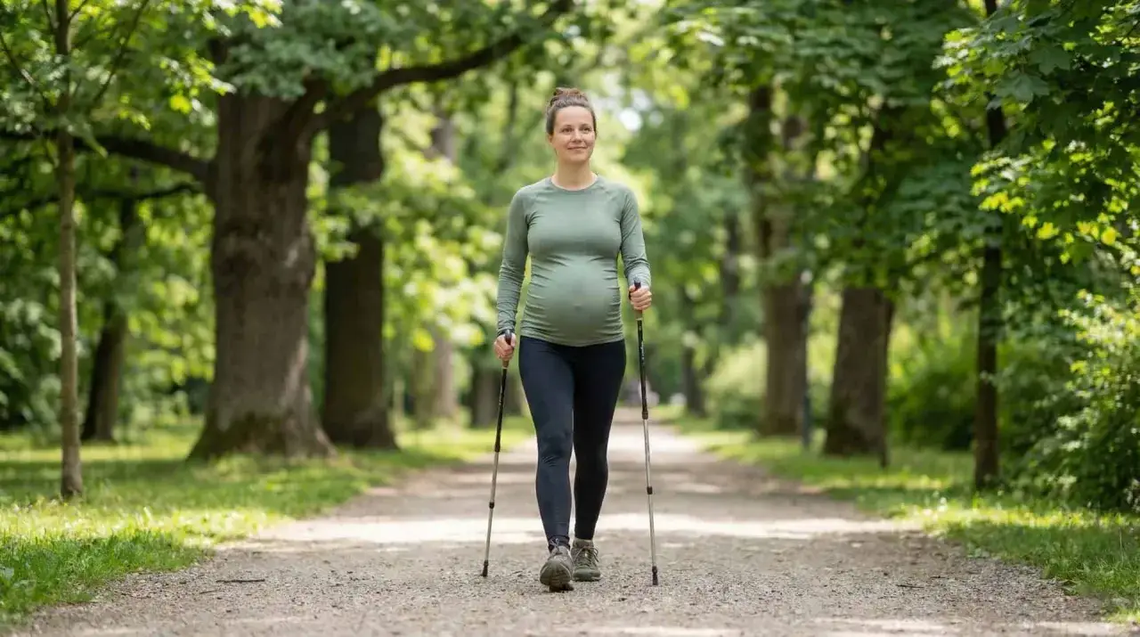 Schwanger und aktiv: Eine Frau genießt das Wandern in der Natur während ihrer Schwangerschaft.