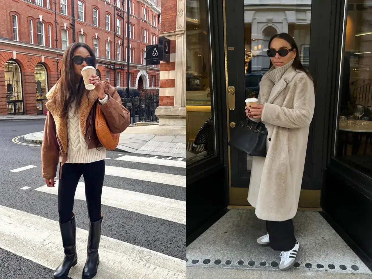 Deux femmes affichent une tenue d'hiver swag. L'une porte une veste en cuir marron et un pull blanc, l'autre un long manteau en fausse fourrure beige.