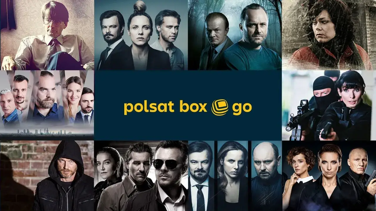 Kolaż zdjęć z seriali o policji. W centrum logo Polsat Box Go. Widać twarze aktorów, policjantów i przestępców.