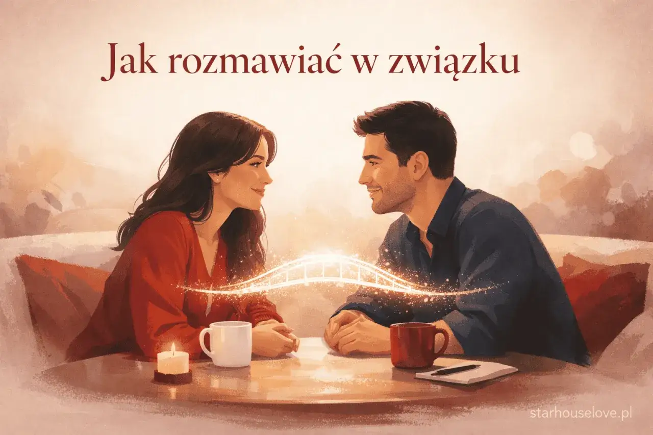 Para rozmawia przy świecach, pijąc kawę. W tle napis