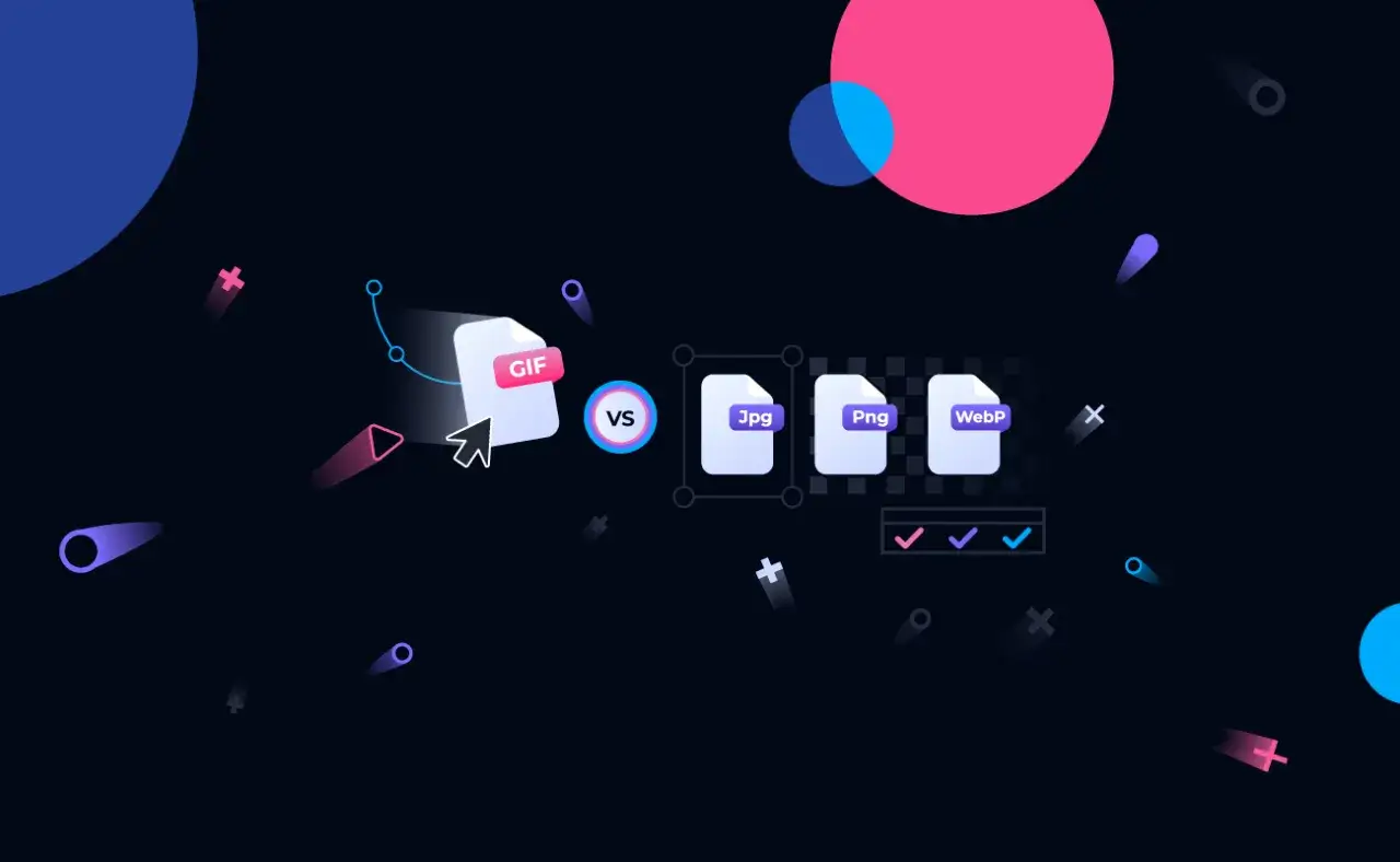 Vergleich von GIF-Dateien mit Jpg, Png und WebP. Die Animation zeigt, wie eine GIF-Datei gegen andere Formate antreten muss.