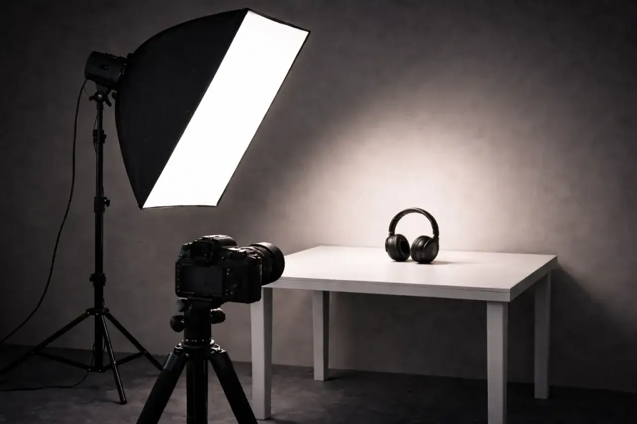 Ustawienie lampy w studio fotograficznym: aparat na statywie, biały stolik z czarnymi słuchawkami i duży softbox oświetlający scenę.