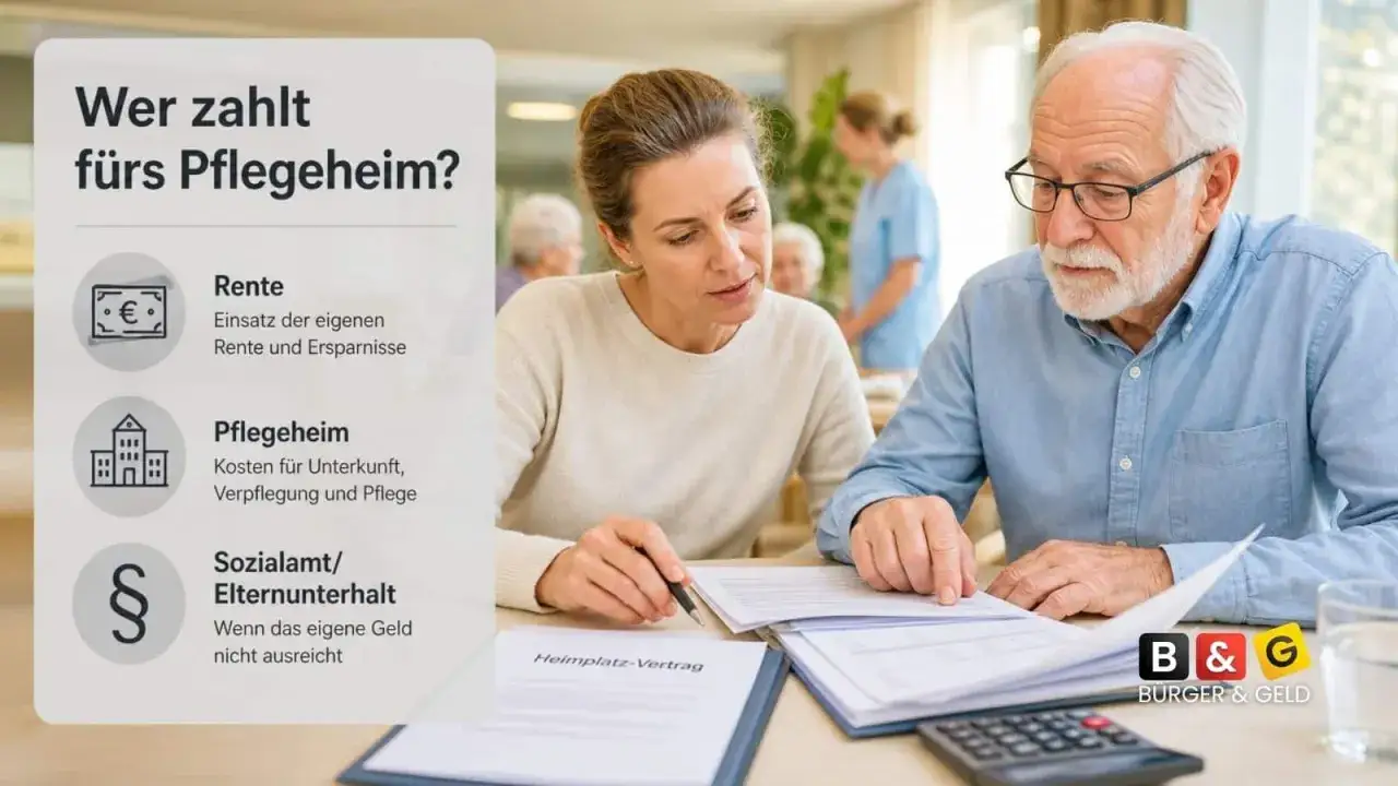 Frau und Mann besprechen im Pflegeheim-Vertrag die Finanzierung. Die Pflegekosten f&uuml;r Kinder und Eltern sind ein wichtiges Thema.