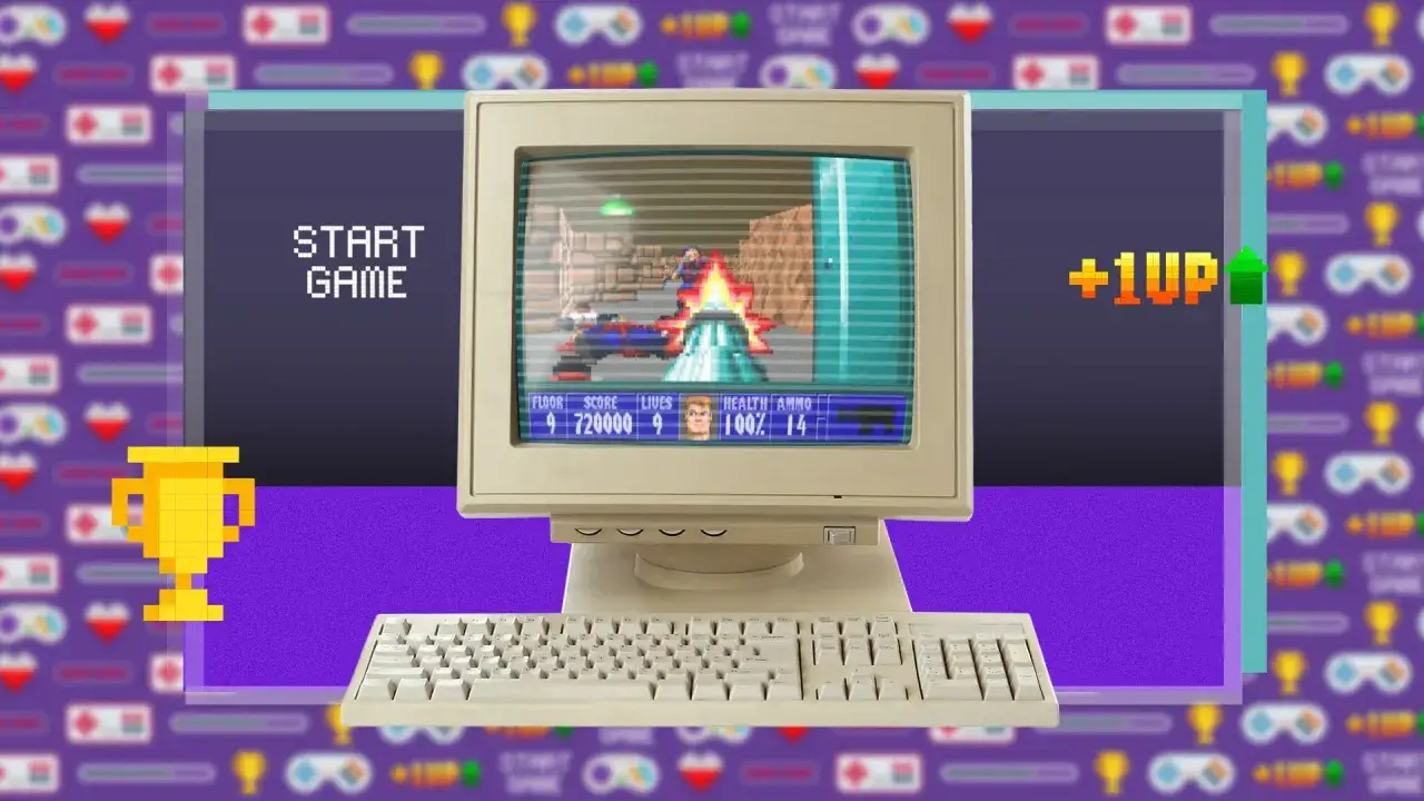 Nostalgiczne wspomnienie z lat świetności stare gry komputerowe: monitor z grą akcji, klawiatura i ikony zwycięstwa.